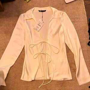 Zara Ivory Satin Tie-Front Blouse